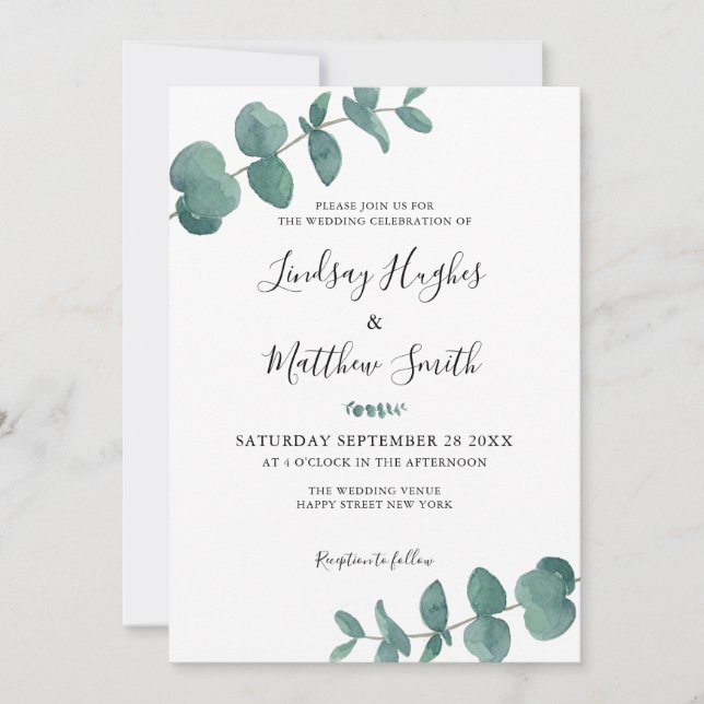 Elegante Eucalyptus Watercolor Blätter Wedding Einladung (Vorderseite)