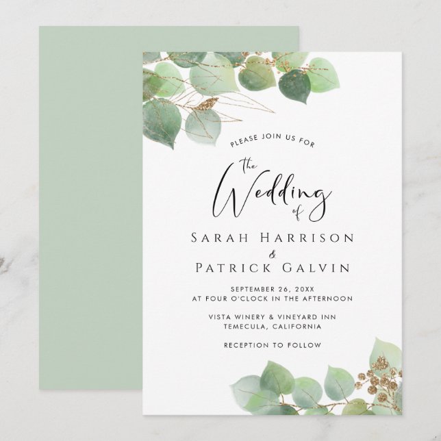 Elegante Eucalyptus Watercolor Einladung zur Hochz (Vorne/Hinten)