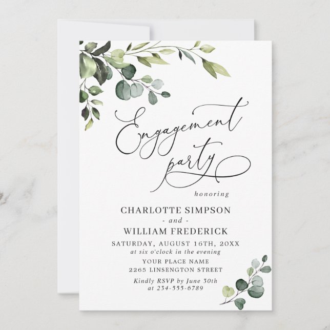 Elegante Eucalyptus Watercolor ENGAGEMENT PARTY Einladung (Vorderseite)