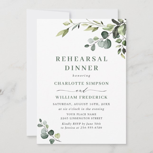 Elegante Eucalyptus Watercolor PROBE DINNER Einladung (Vorderseite)