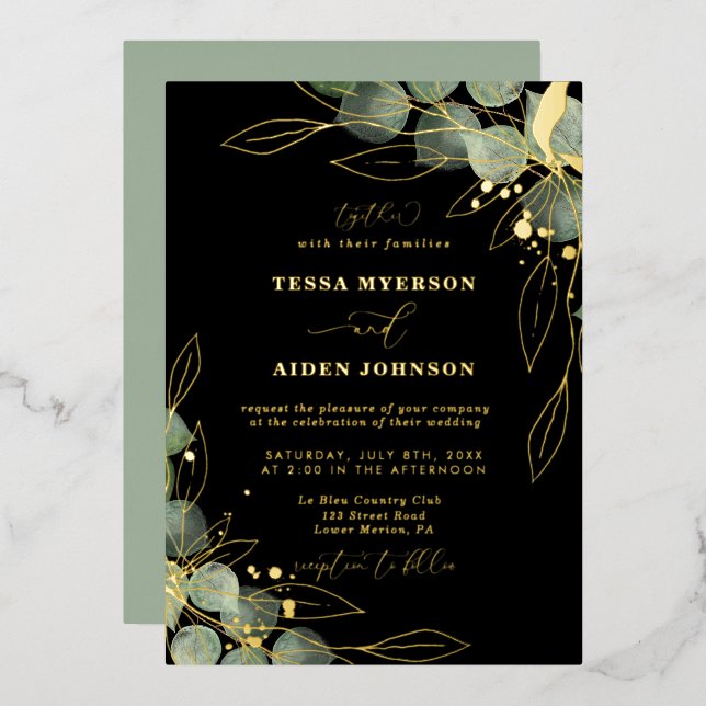 Elegante Eucalyptus Wedding Gold Einladung (Vorderseite/Rückseite)
