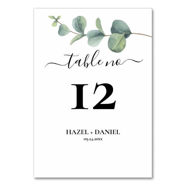 Elegante Eucalyptus Wedding Tischnummer Card (Vorderseite)