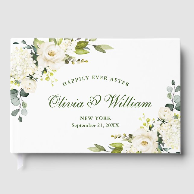 Elegante Eucalyptus White Roses Floral Wedding Gästebuch (Vorderseite)