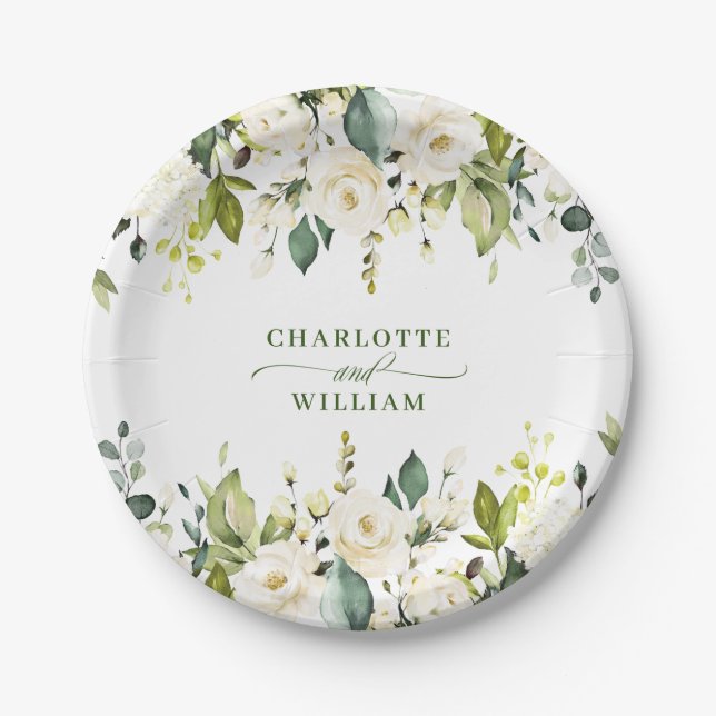 Elegante Eucalyptus White Roses Floral Wedding Pappteller (Vorderseite)