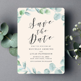 Elegante Eucalyptus Wreath Cream Save the Date Car Einladung