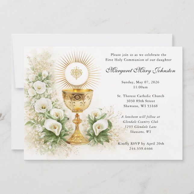 Elegante Eucharistie Erstkommunion Blumenarrangeme Einladung (Vorderseite)
