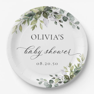 Elegante Eukalyptus-Baby-Shower-Papierplatten Pappteller