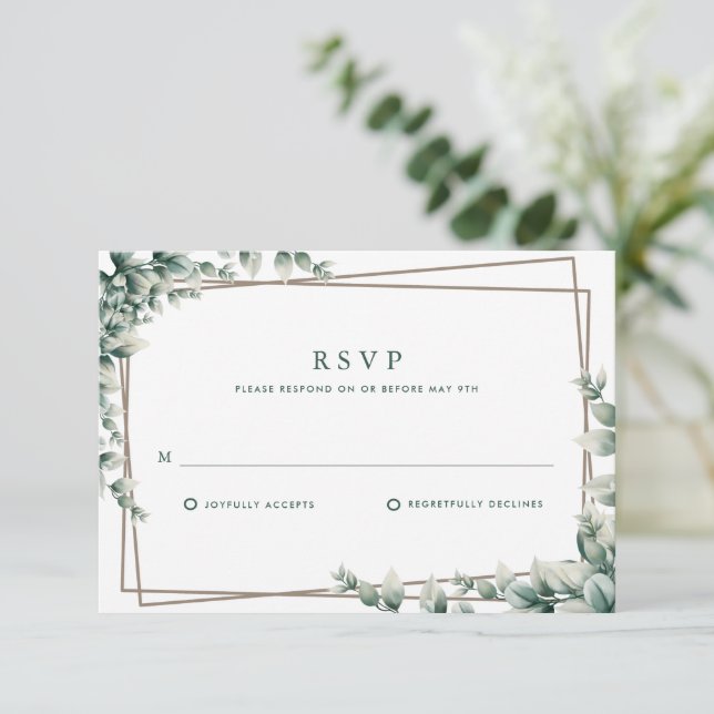 Elegante Eukalyptus-Blätter Botanische Hochzeit RSVP Karte (Stehend Vorderseite)