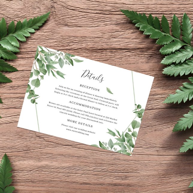 Elegante Eukalyptus-Blätter Hochzeitdetails Begleitkarte (Von Creator hochgeladen)