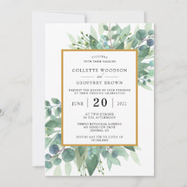 Elegante Eukalyptus-Blätter Hochzeitgoldgrenze Einladung