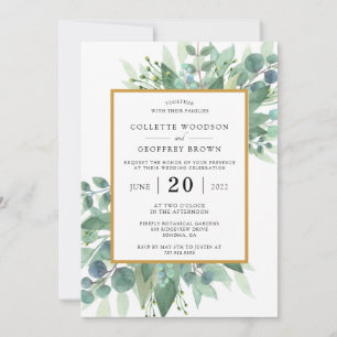 Elegante Eukalyptus-Blätter Hochzeitgoldgrenze Einladung