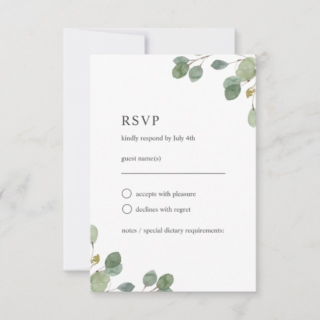 Elegante Eukalyptus Blätter Wasserfarbenhochzeit RSVP Karte (Vorderseite)