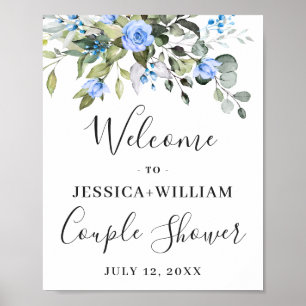 Elegante Eukalyptus Blaue Rosen Paar Dusche Poster