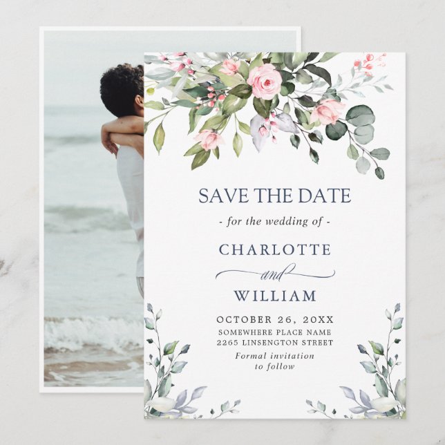 Elegante Eukalyptus Blush Rose Blumenhochzeit Save The Date (Vorne/Hinten)