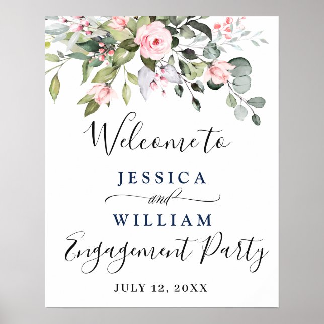 Elegante Eukalyptus Blush Rose Engagement Party Poster (Vorne)
