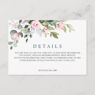 Elegante Eukalyptus Blush Rose Hochzeitdetails Begleitkarte