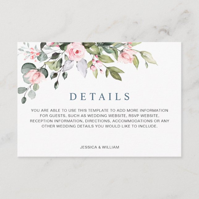 Elegante Eukalyptus Blush Rose Hochzeitdetails Begleitkarte (Vorderseite)