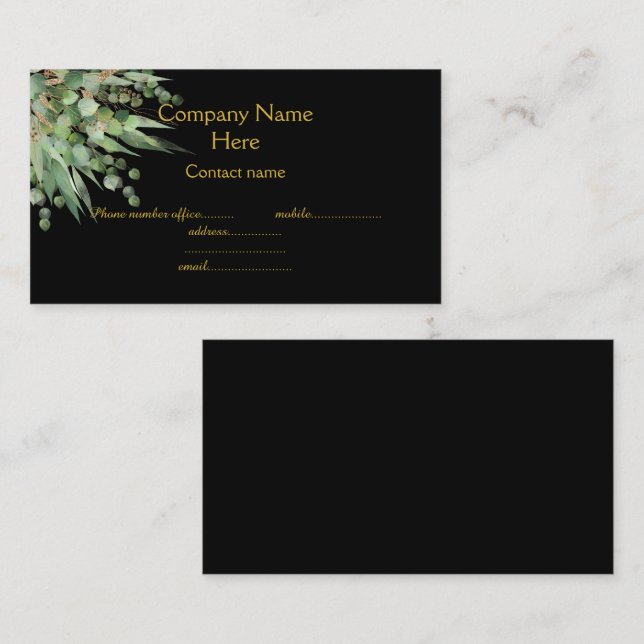 Elegante Eukalyptus Botanical Black Business Card Visitenkarte (Vorne/Hinten)