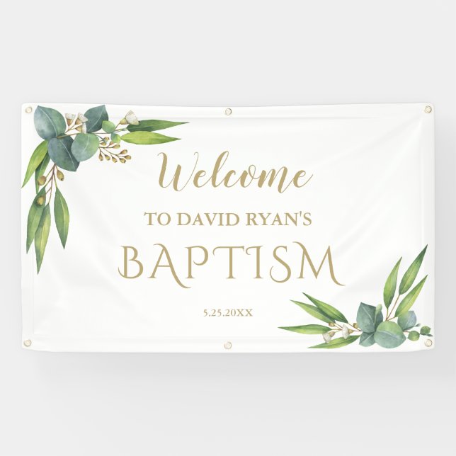 Elegante Eukalyptus Boy Baptisse Begrüßungszeichen Banner (Horizontal)