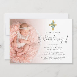 Elegante Eukalyptus Cross Foto Christening Einladung