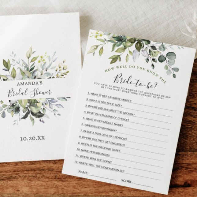 Elegante Eukalyptus Floral Brautparty Game Card Einladung (Von Creator hochgeladen)