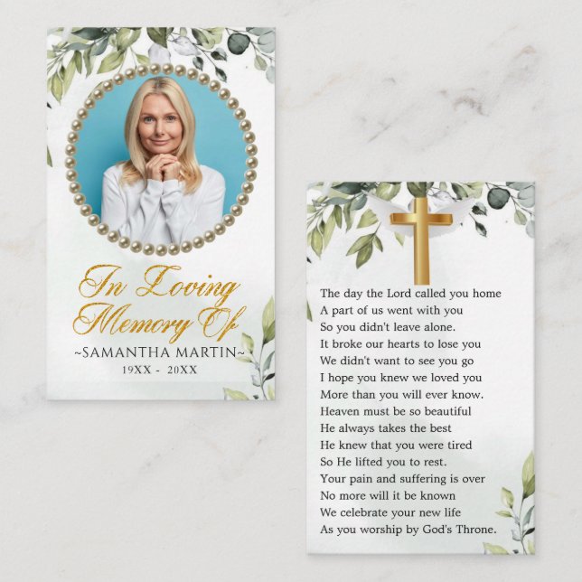 Elegante Eukalyptus-Foto Beerdigungskarte Visitenkarte (Vorne/Hinten)