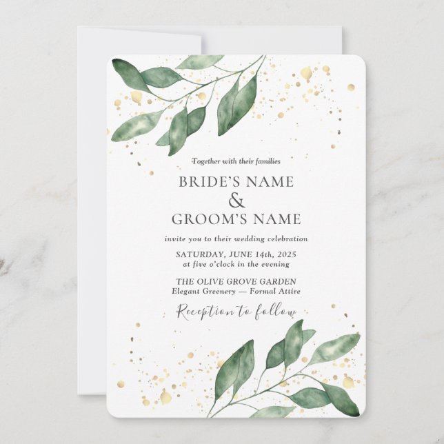 Elegante Eukalyptus-Gold-Hochzeitseinladung Einladung (Vorderseite)