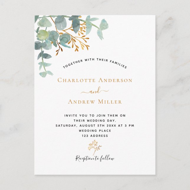 Elegante Eukalyptus-Grün Gold Moderne Hochzeit Postkarte (Vorderseite)