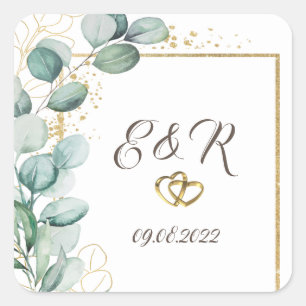 Elegante Eukalyptus-Grün Goldrahmen Hochzeit Quadratischer Aufkleber