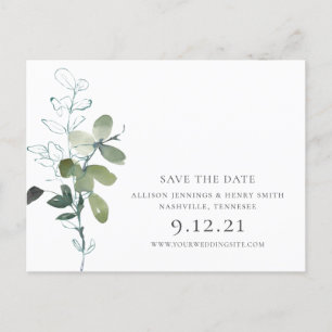 Elegante Eukalyptus-Grün-Hochzeit "Save the Date" Ankündigungspostkarte