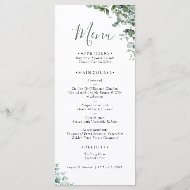 Elegante Eukalyptus-Grün-Hochzeitsmenü Menükarte (Vorderseite)