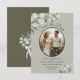 Elegante Eukalyptus-Grünpflanzen & Foto-Sage-Hochz Save The Date
