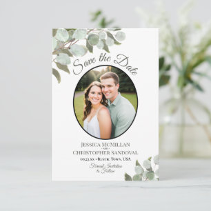 Elegante Eukalyptus-Grünpflanzen & Foto Weiße Hoch Save The Date