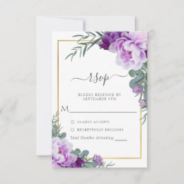 Elegante Eukalyptus-Hochzeit mit Lila und goldener RSVP Karte