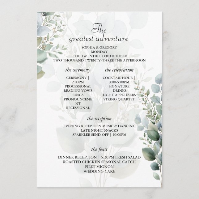 Elegante Eukalyptus-Hochzeitsprogramm-Itinerary-Ka Programm (Vorderseite)
