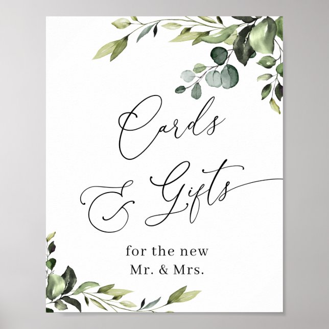 Elegante Eukalyptus-Karten und Geschenke Hochzeits Poster (Vorne)