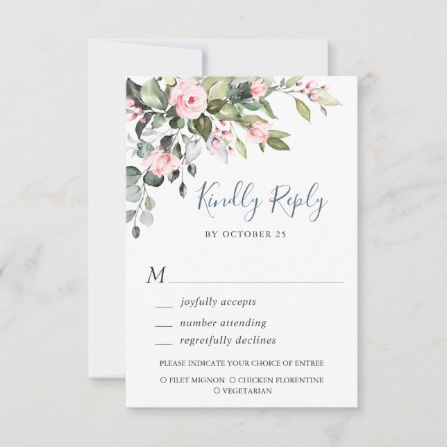 Elegante Eukalyptus Pink Blush Rose Hochzeit RSVP Karte (Vorderseite)