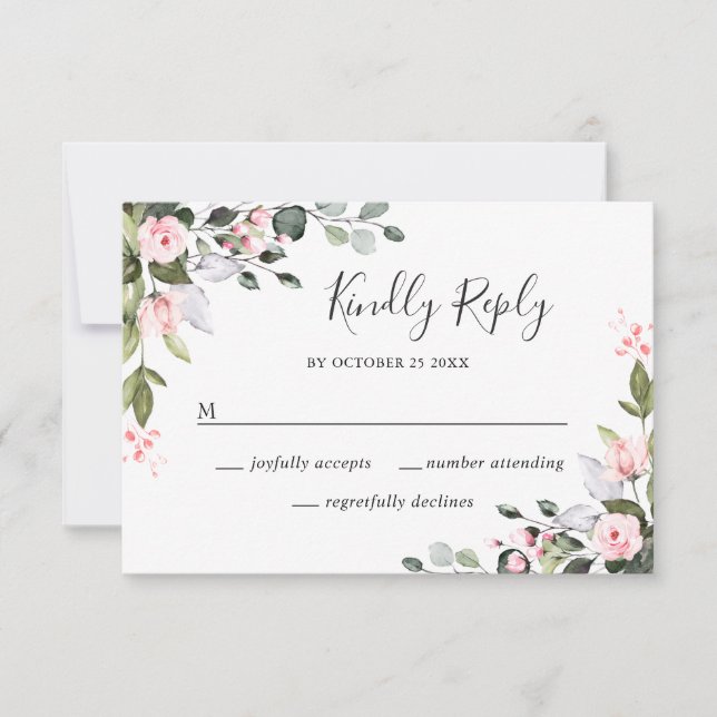 Elegante Eukalyptus Pink Blush Rose Hochzeit RSVP Karte (Vorderseite)