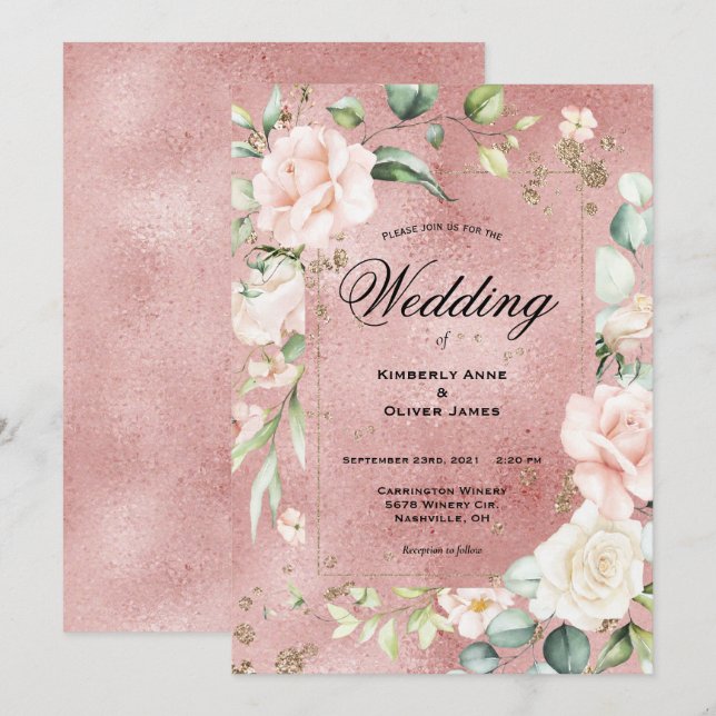 Elegante Eukalyptus Pink Metallic Wedding Einladung (Vorne/Hinten)