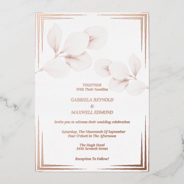 Elegante Eukalyptus Rose Gold Wedding Folieneinladung (Vorderseite)