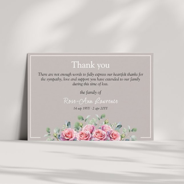Elegante Eukalyptus-Rosen-Trauerfloristik Dankeskarte (Pink roses eucalyptus thank you card, family sympathy. Taupe and cream color)
