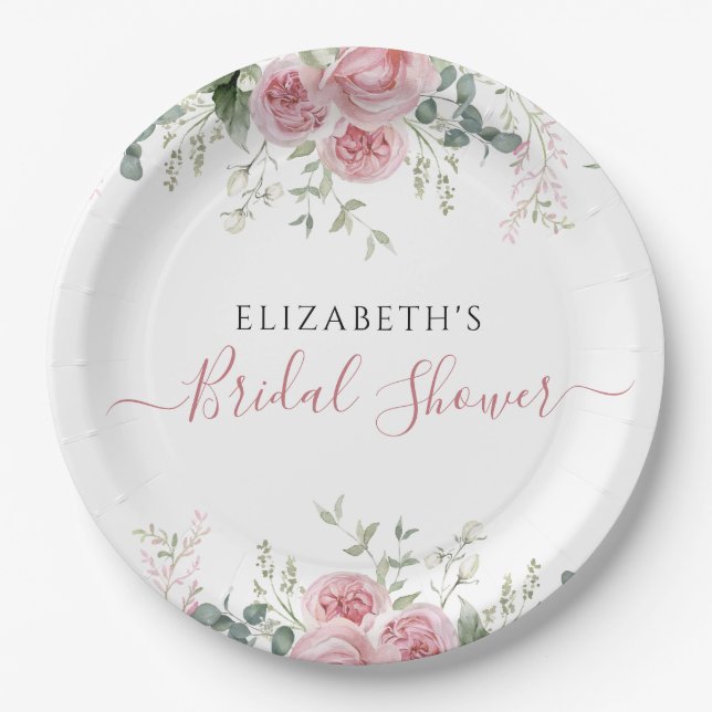 Elegante Eukalyptus & Roses Einladung Pappteller (Vorderseite)