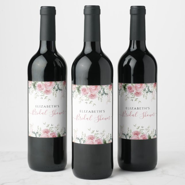 Elegante Eukalyptus & Roses Einladung Weinetikett (Flaschen)