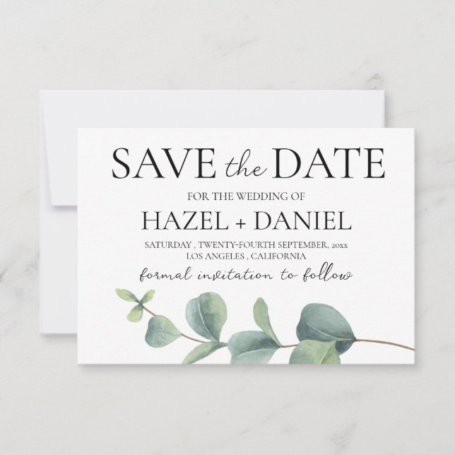 Elegante Eukalyptus Save the Date Wedding Card (Vorderseite)