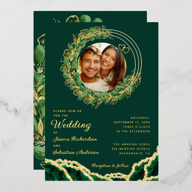 Elegante Eukalyptus Smaragd Green und Gold Wedding Folieneinladung (Vorderseite/Rückseite)