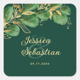Elegante Eukalyptus Smaragd Green und Gold Wedding Quadratischer Aufkleber