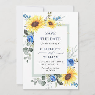 Elegante Eukalyptus-Sonnenblumen-Blumenhochzeit Save The Date