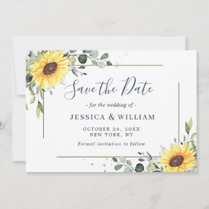 Elegante Eukalyptus-Sonnenblumen-Blumenhochzeit Save The Date