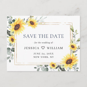 Elegante Eukalyptus-Sonnenblumen-Hochzeit Save the Postkarte