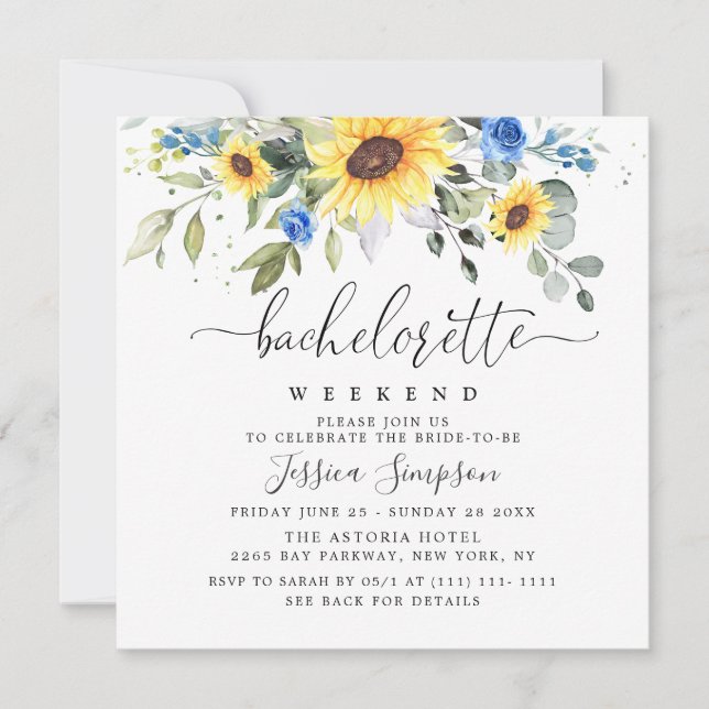 Elegante Eukalyptus Sunflowers Bachelorette Einladung (Vorderseite)